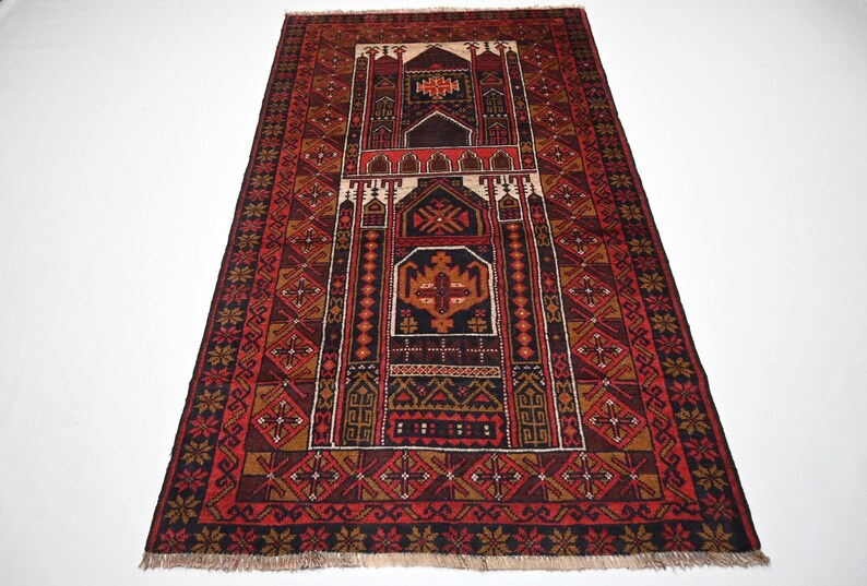 Vibrant Red Vintage Afghan Baluchi Handmade Wool Prayer Rug