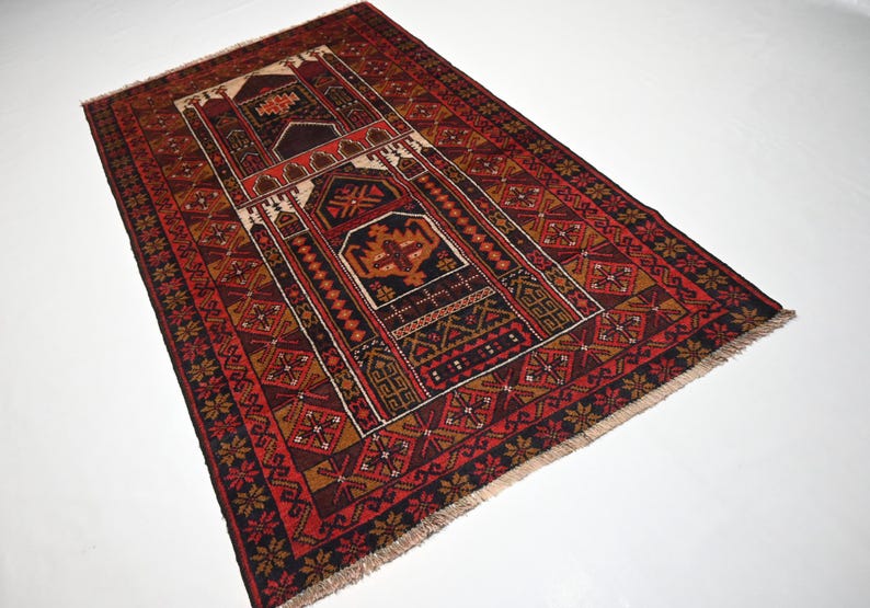 Vibrant Red Vintage Afghan Baluchi Handmade Wool Prayer Rug