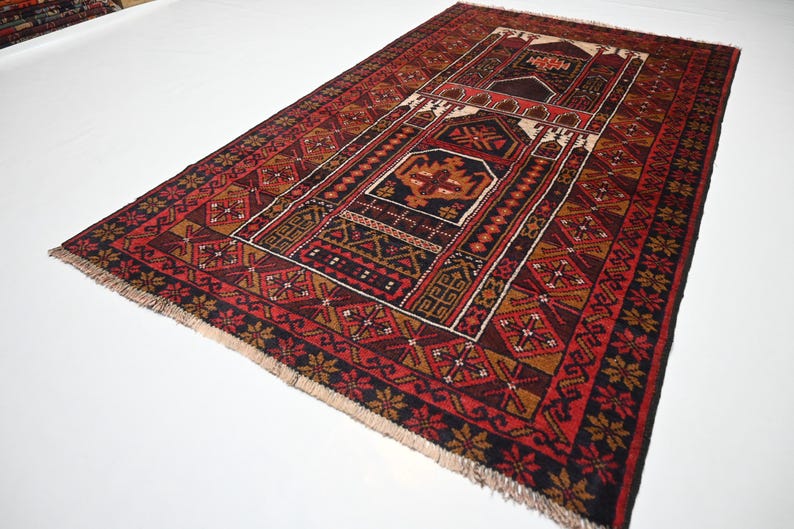Vibrant Red Vintage Afghan Baluchi Handmade Wool Prayer Rug
