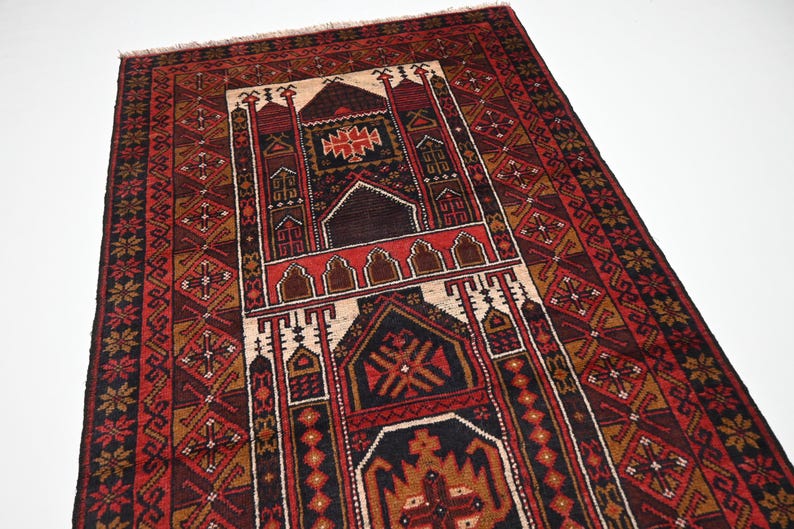 Vibrant Red Vintage Afghan Baluchi Handmade Wool Prayer Rug