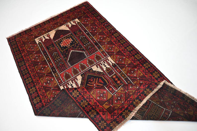Vibrant Red Vintage Afghan Baluchi Handmade Wool Prayer Rug