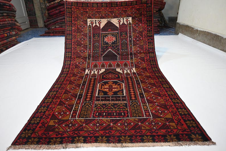 Vibrant Red Vintage Afghan Baluchi Handmade Wool Prayer Rug
