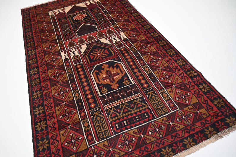 Vibrant Red Vintage Afghan Baluchi Handmade Wool Prayer Rug