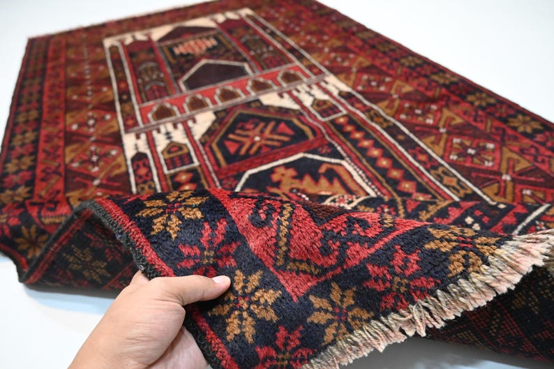 Vibrant Red Vintage Afghan Baluchi Handmade Wool Prayer Rug