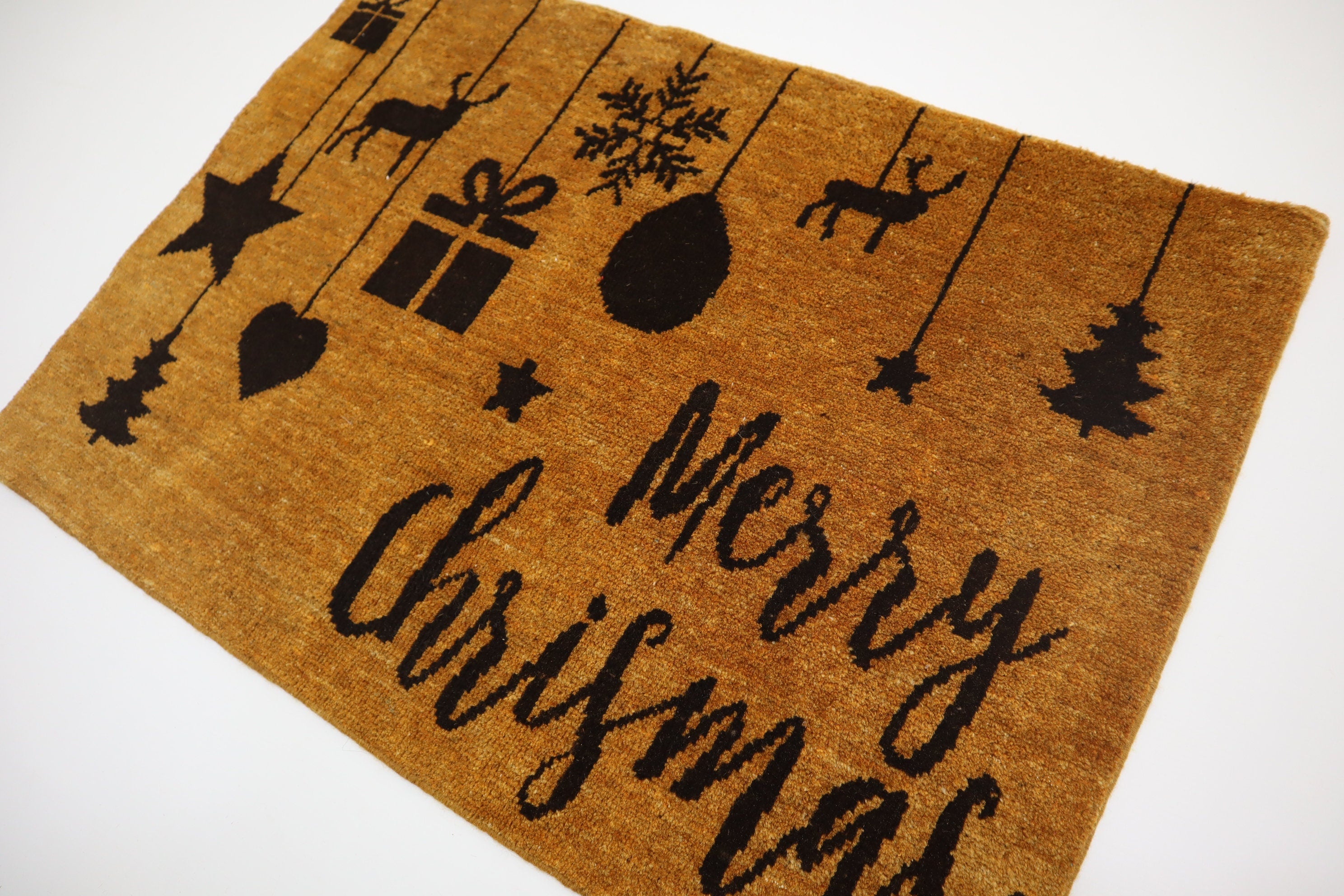 Festive Hand-Knotted Afghan Wool 'Merry Christmas' Doormat - Welcome Mat