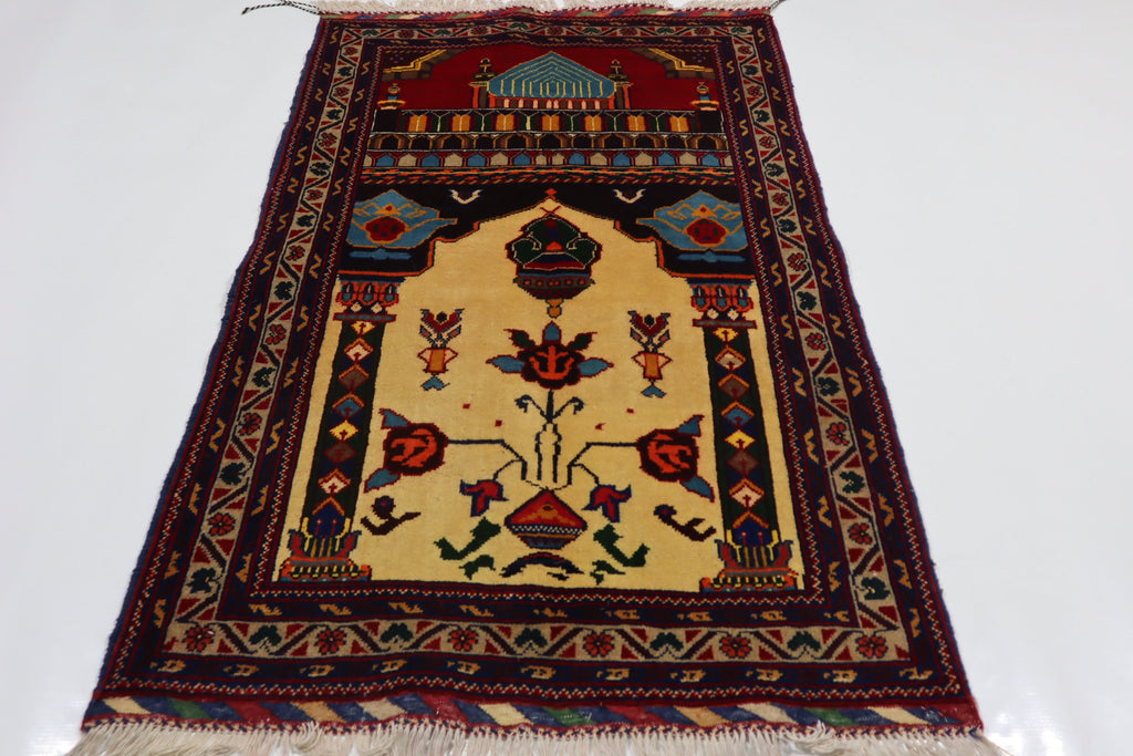 Handmade Wool Afghan Prayer Rug, 2'9x4'4 ft, High Pile Oriental Turkmen Design