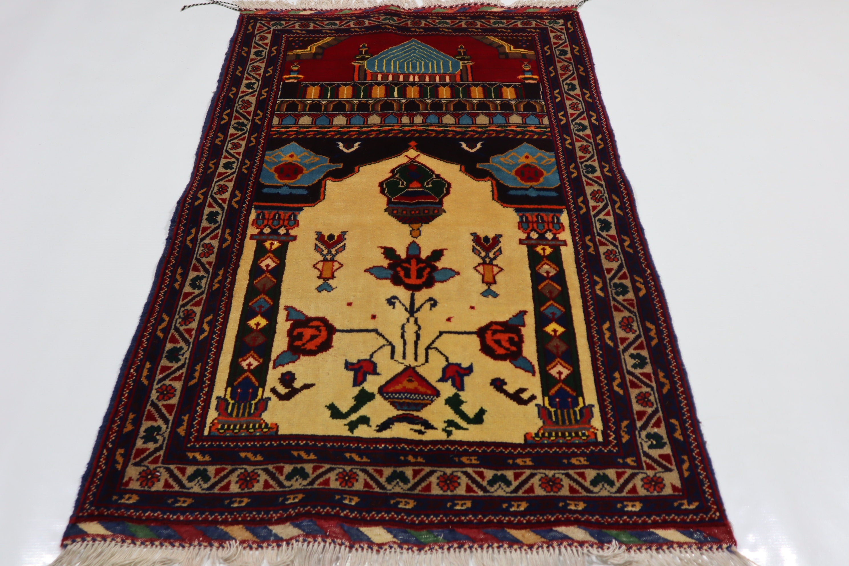 Handmade Wool Afghan Prayer Rug, 2'9x4'4 ft, High Pile Oriental Turkmen Design