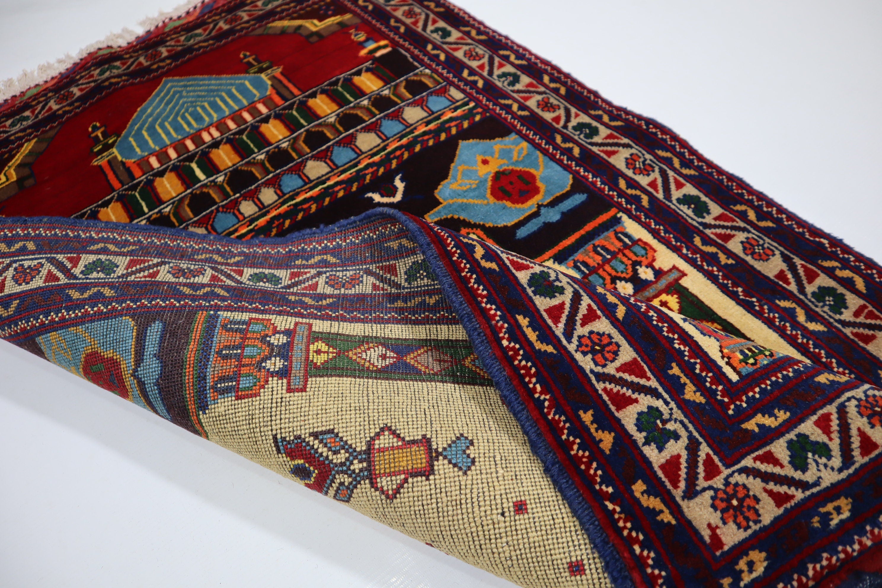 Handmade Wool Afghan Prayer Rug, 2'9x4'4 ft, High Pile Oriental Turkmen Design