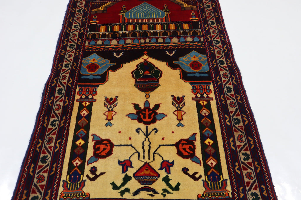 Handmade Wool Afghan Prayer Rug, 2'9x4'4 ft, High Pile Oriental Turkmen Design
