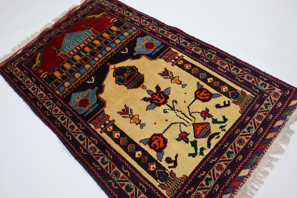 Handmade Wool Afghan Prayer Rug, 2'9x4'4 ft, High Pile Oriental Turkmen Design