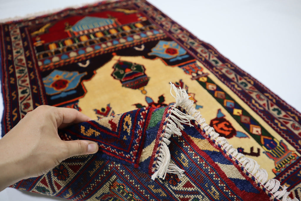 Handmade Wool Afghan Prayer Rug, 2'9x4'4 ft, High Pile Oriental Turkmen Design