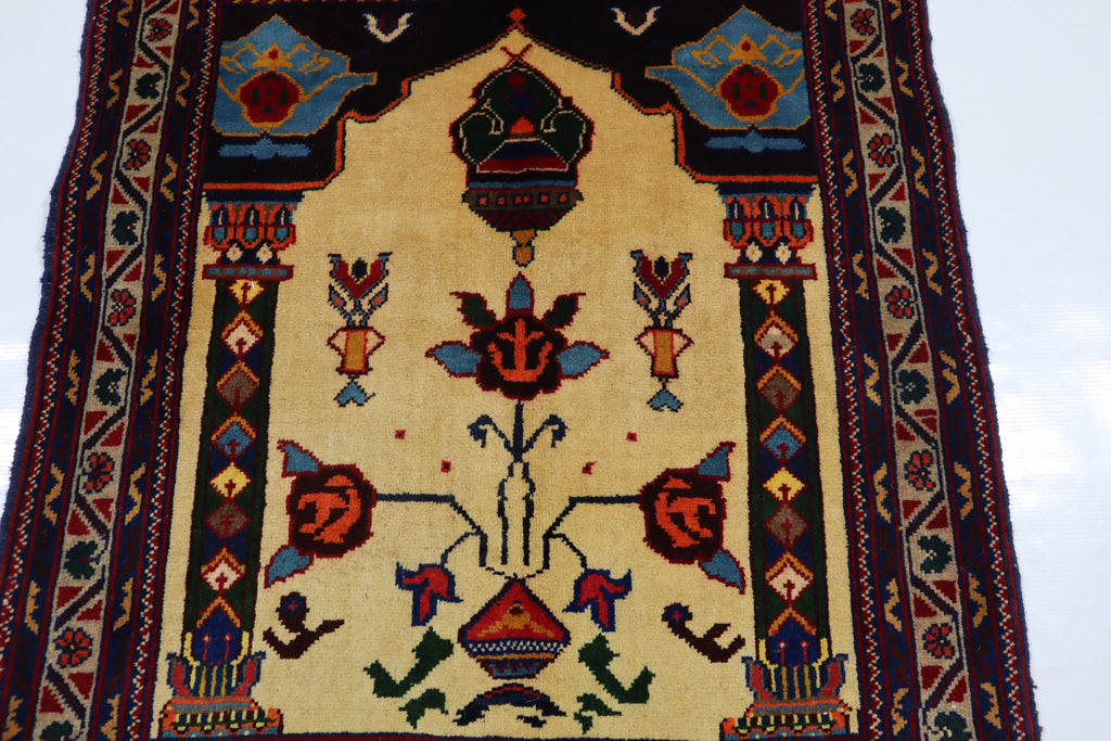 Handmade Wool Afghan Prayer Rug, 2'9x4'4 ft, High Pile Oriental Turkmen Design