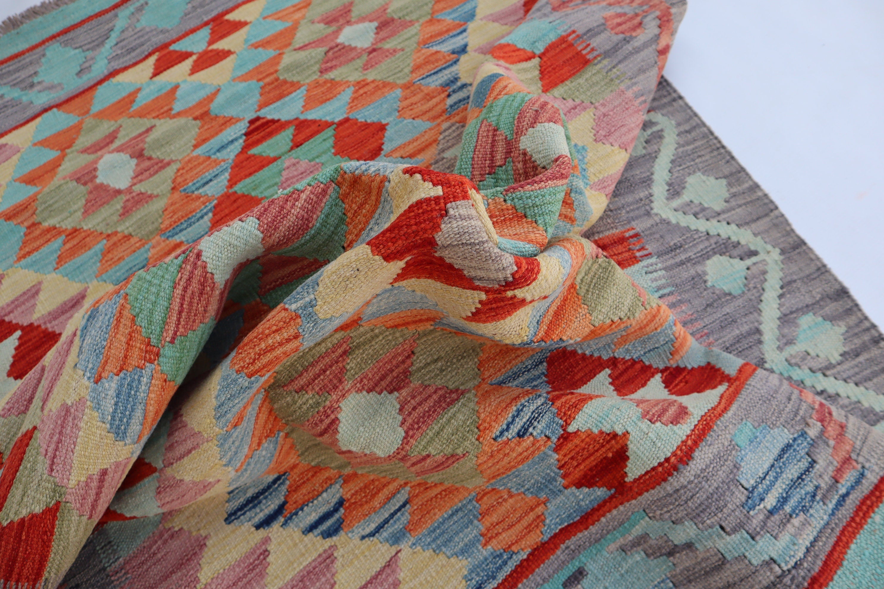 Authentic Hand-Knotted Afghan Kilim Area Rug - Brown, Gray, Orange, Blue Wool