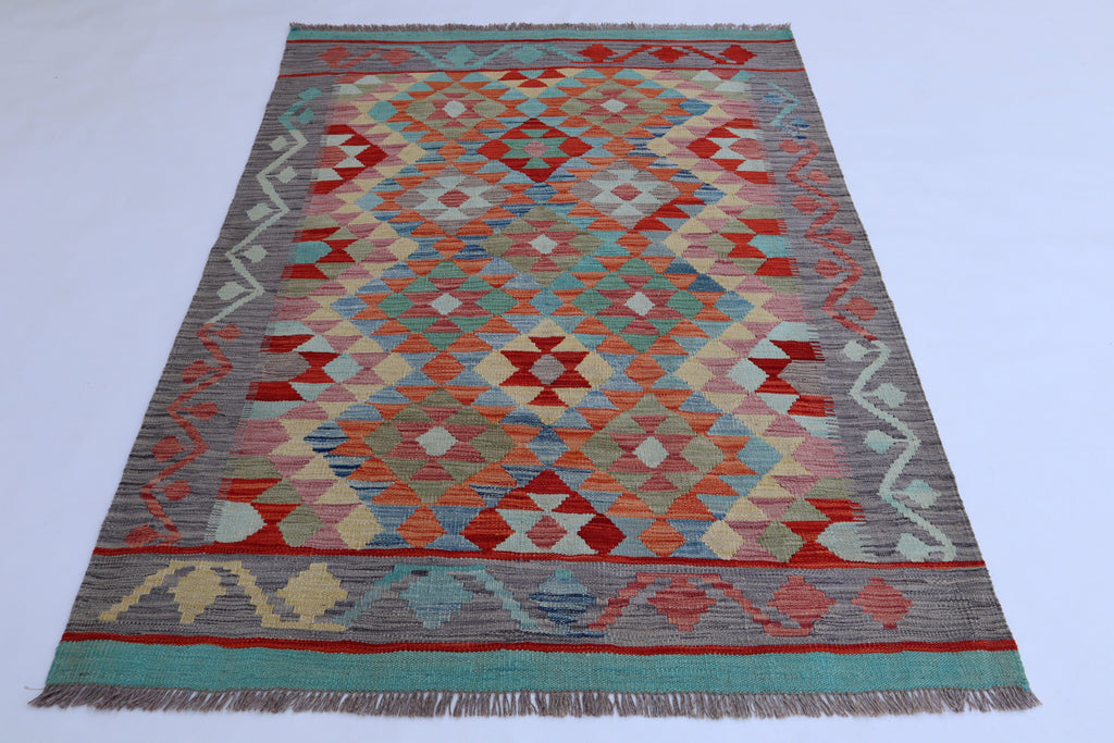Authentic Hand-Knotted Afghan Kilim Area Rug - Brown, Gray, Orange, Blue Wool