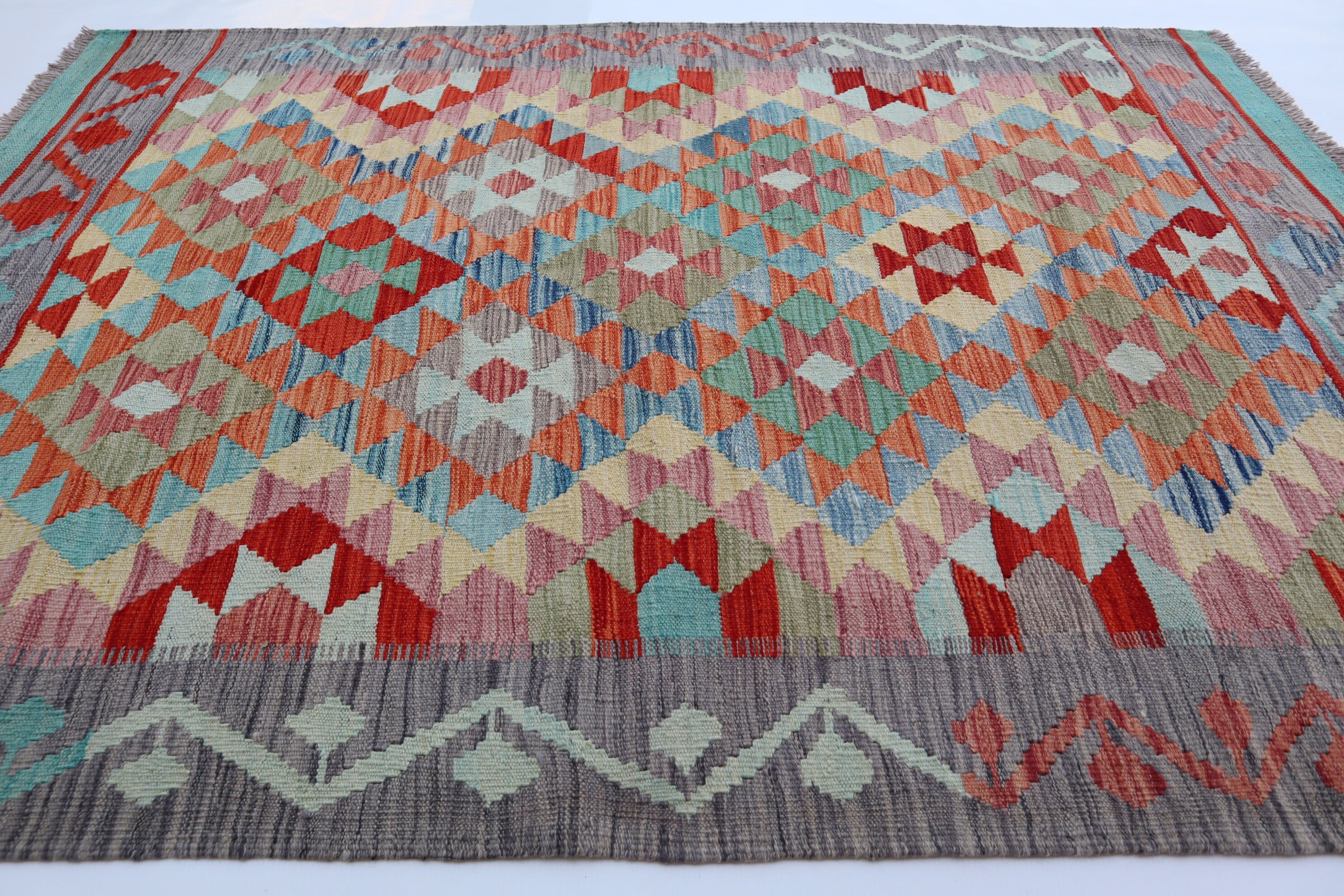 Authentic Hand-Knotted Afghan Kilim Area Rug - Brown, Gray, Orange, Blue Wool