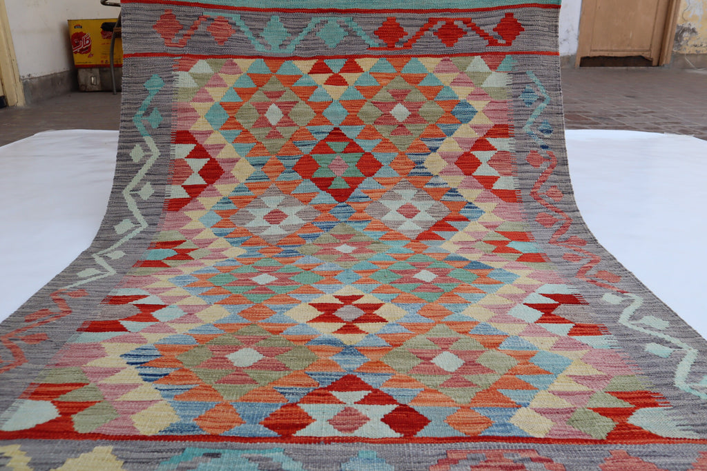 Authentic Hand-Knotted Afghan Kilim Area Rug - Brown, Gray, Orange, Blue Wool