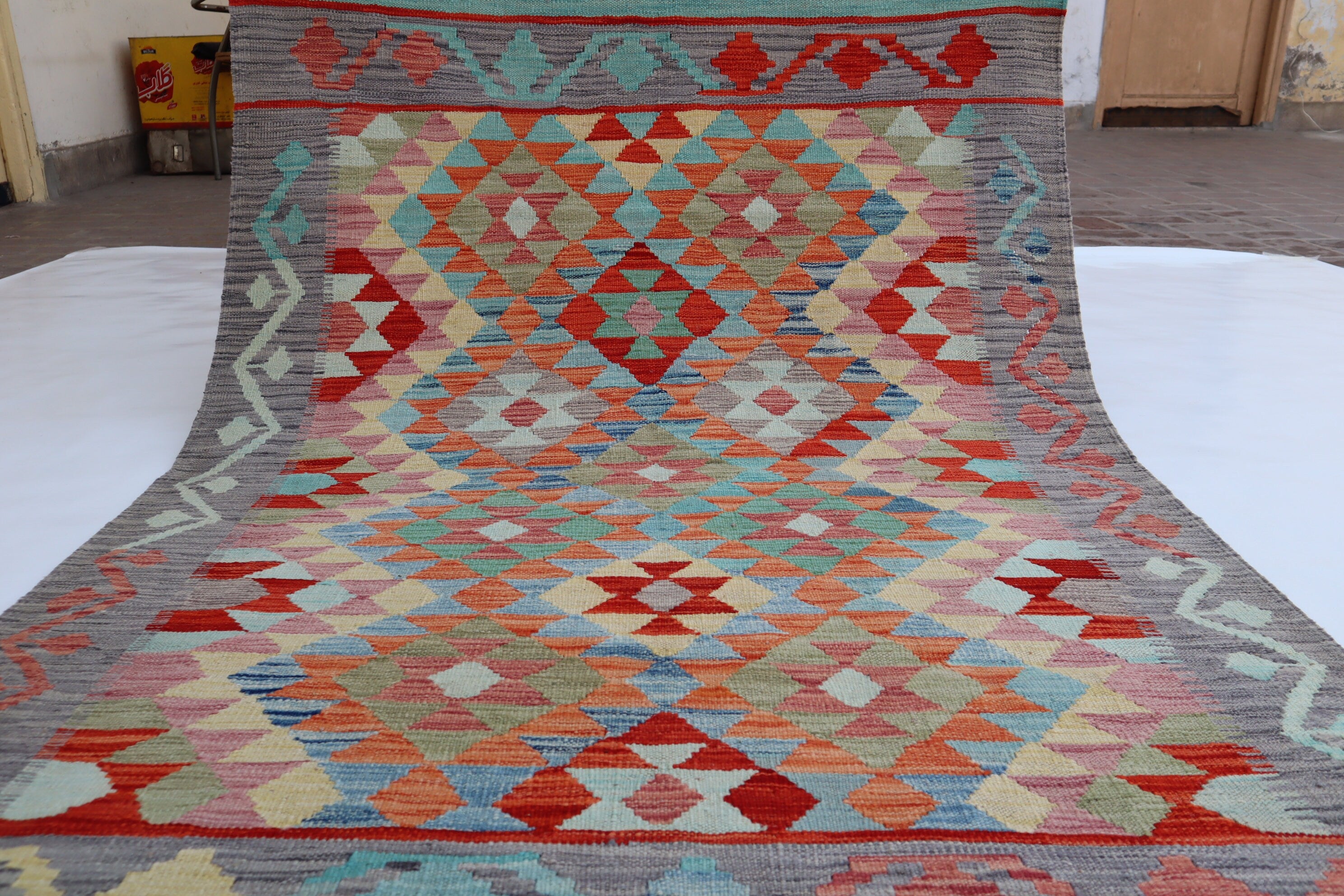 Authentic Hand-Knotted Afghan Kilim Area Rug - Brown, Gray, Orange, Blue Wool