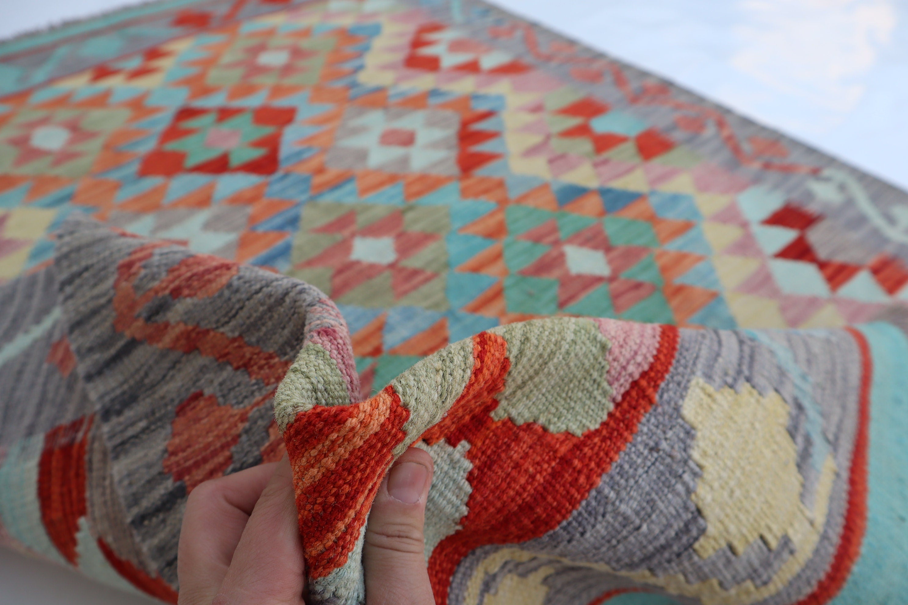 Authentic Hand-Knotted Afghan Kilim Area Rug - Brown, Gray, Orange, Blue Wool