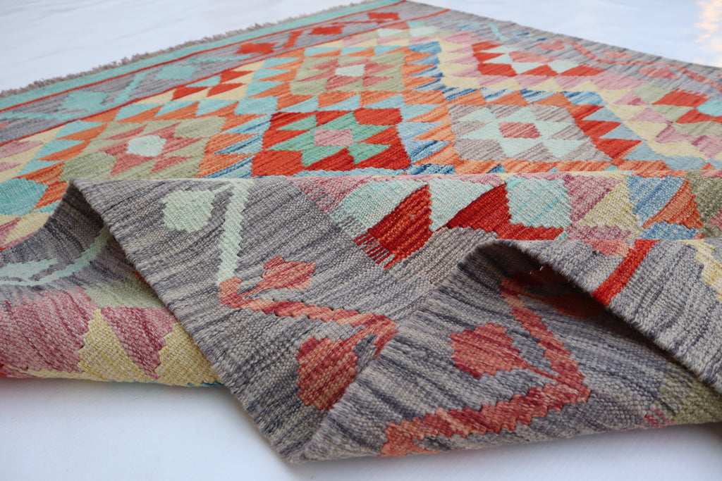 Authentic Hand-Knotted Afghan Kilim Area Rug - Brown, Gray, Orange, Blue Wool