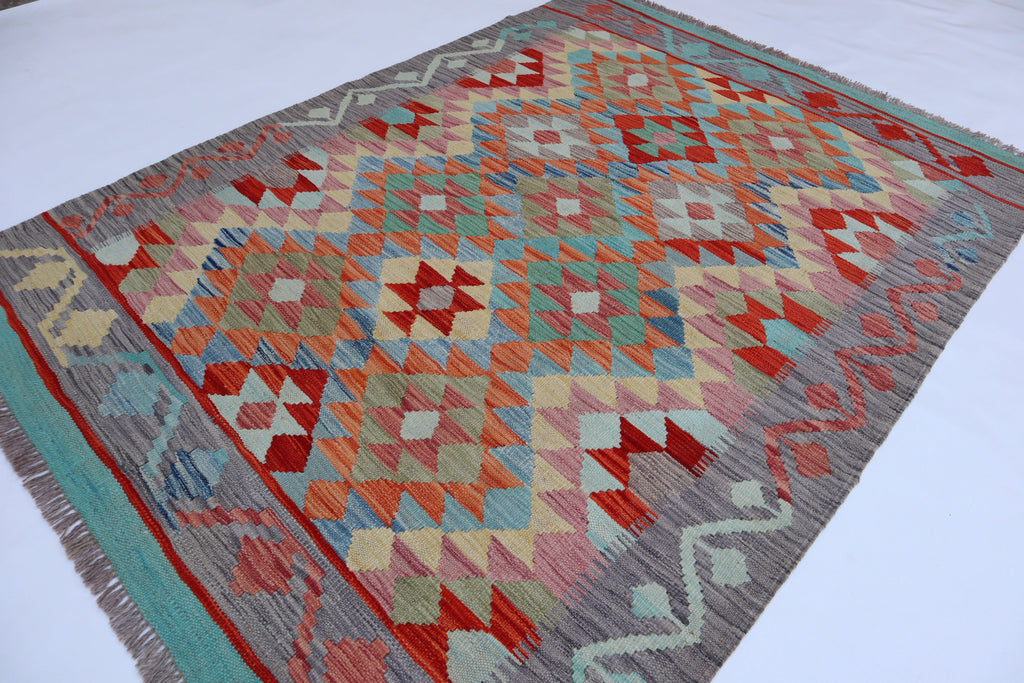 Authentic Hand-Knotted Afghan Kilim Area Rug - Brown, Gray, Orange, Blue Wool