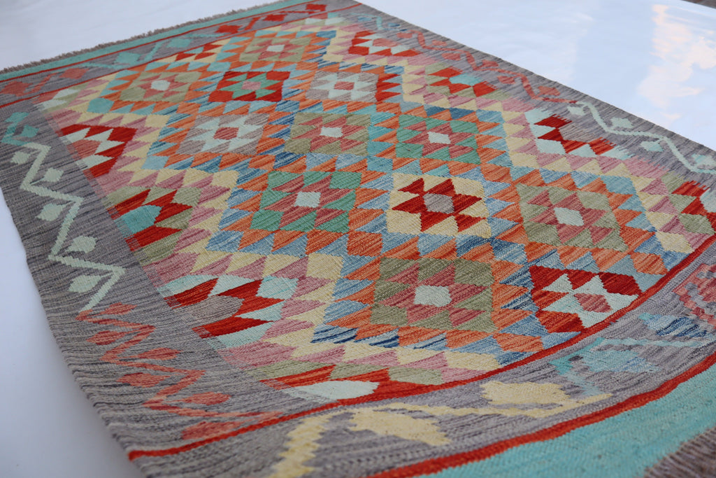 Authentic Hand-Knotted Afghan Kilim Area Rug - Brown, Gray, Orange, Blue Wool