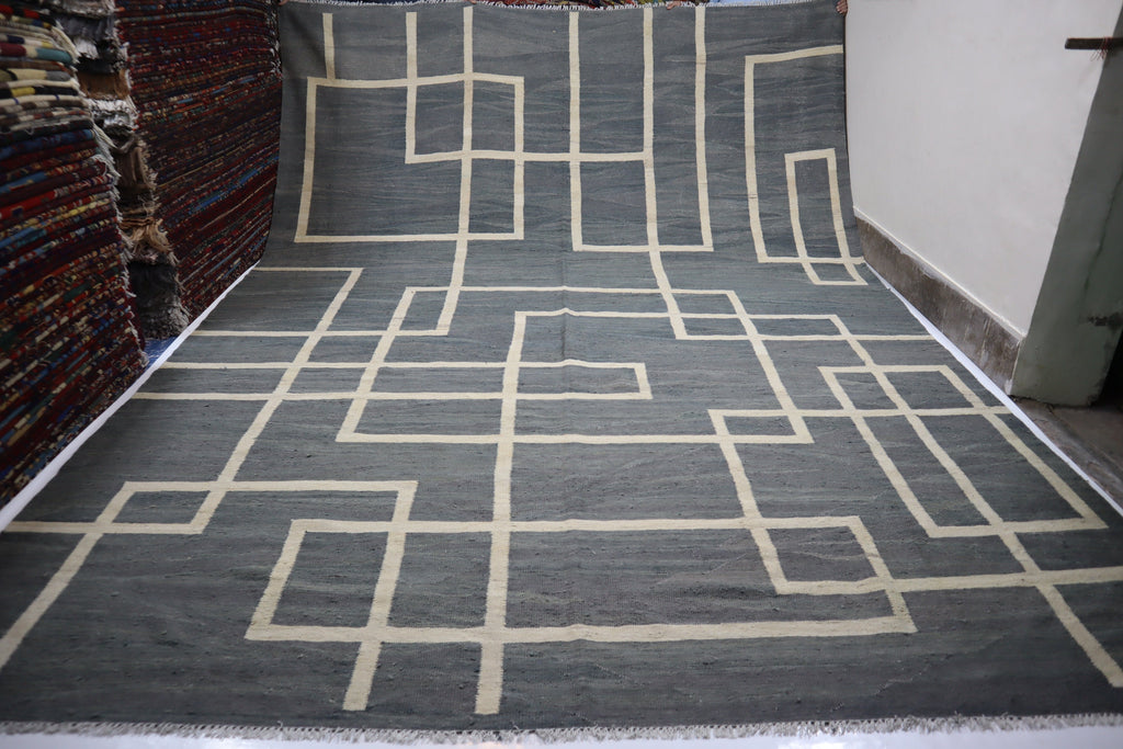 Premium Gray Afghan Handmade Wool Flatweave Kilim Area Rug 11x15 Feet