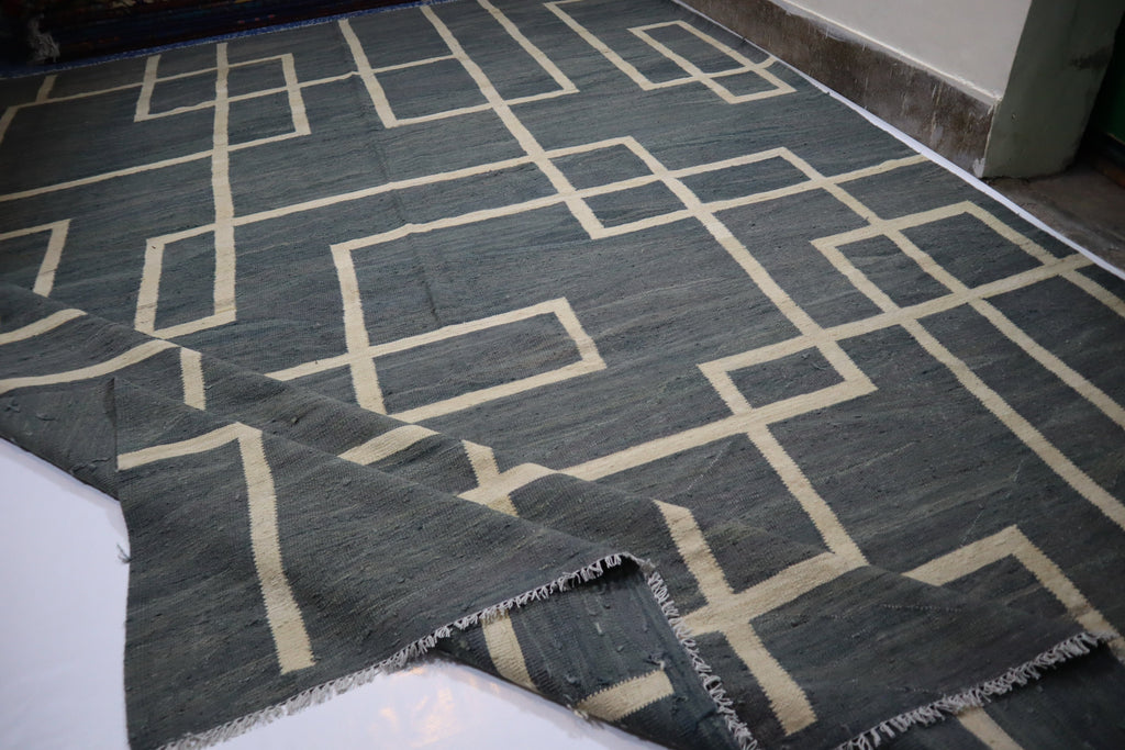 Premium Gray Afghan Handmade Wool Flatweave Kilim Area Rug 11x15 Feet