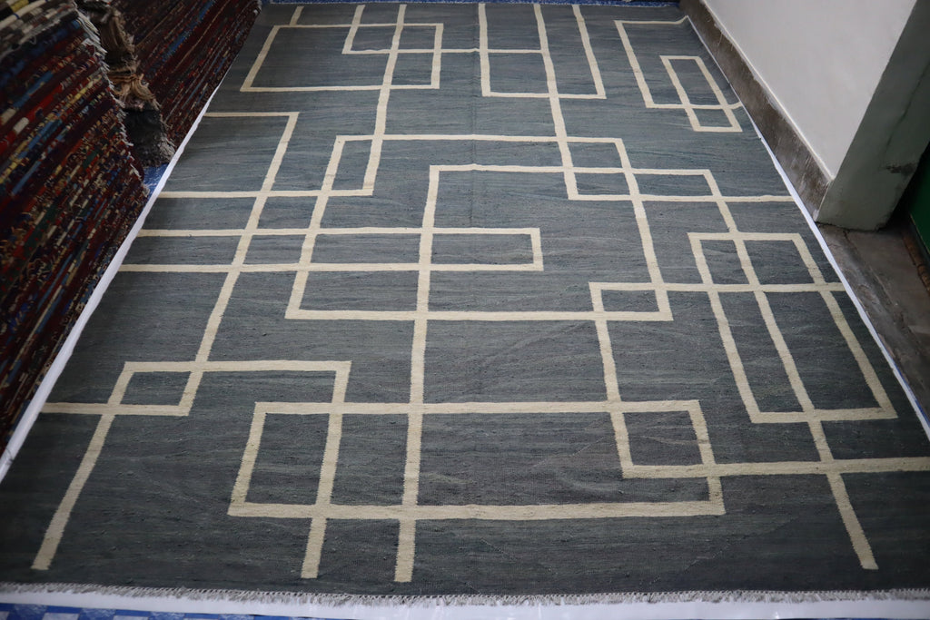 Premium Gray Afghan Handmade Wool Flatweave Kilim Area Rug 11x15 Feet