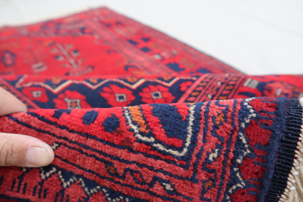 Exquisite 3'4x4'9 Red Belgic Afghan Hand-Knotted Wool Area Rug for Home Decor