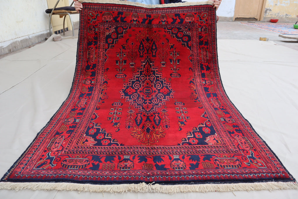 Exquisite 3'4x4'9 Red Belgic Afghan Hand-Knotted Wool Area Rug for Home Decor