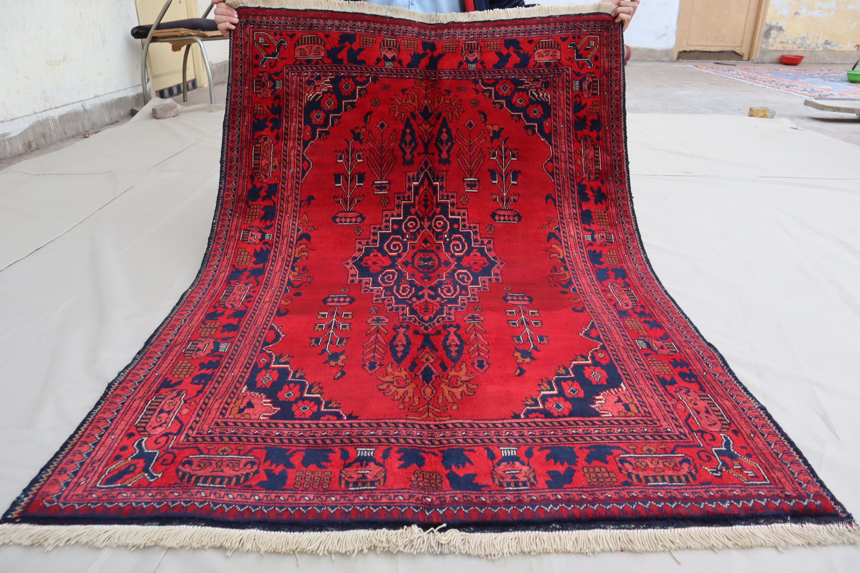 Exquisite 3'4x4'9 Red Belgic Afghan Hand-Knotted Wool Area Rug for Home Decor