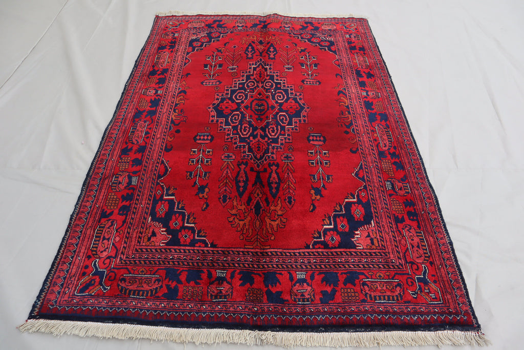 Exquisite 3'4x4'9 Red Belgic Afghan Hand-Knotted Wool Area Rug for Home Decor