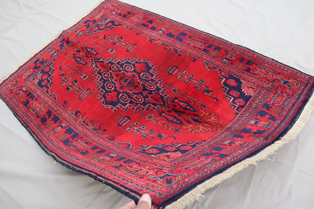 Exquisite 3'4x4'9 Red Belgic Afghan Hand-Knotted Wool Area Rug for Home Decor