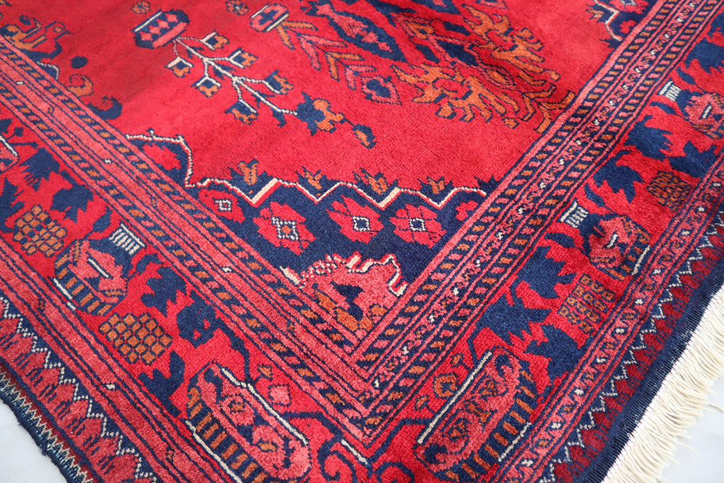 Exquisite 3'4x4'9 Red Belgic Afghan Hand-Knotted Wool Area Rug for Home Decor