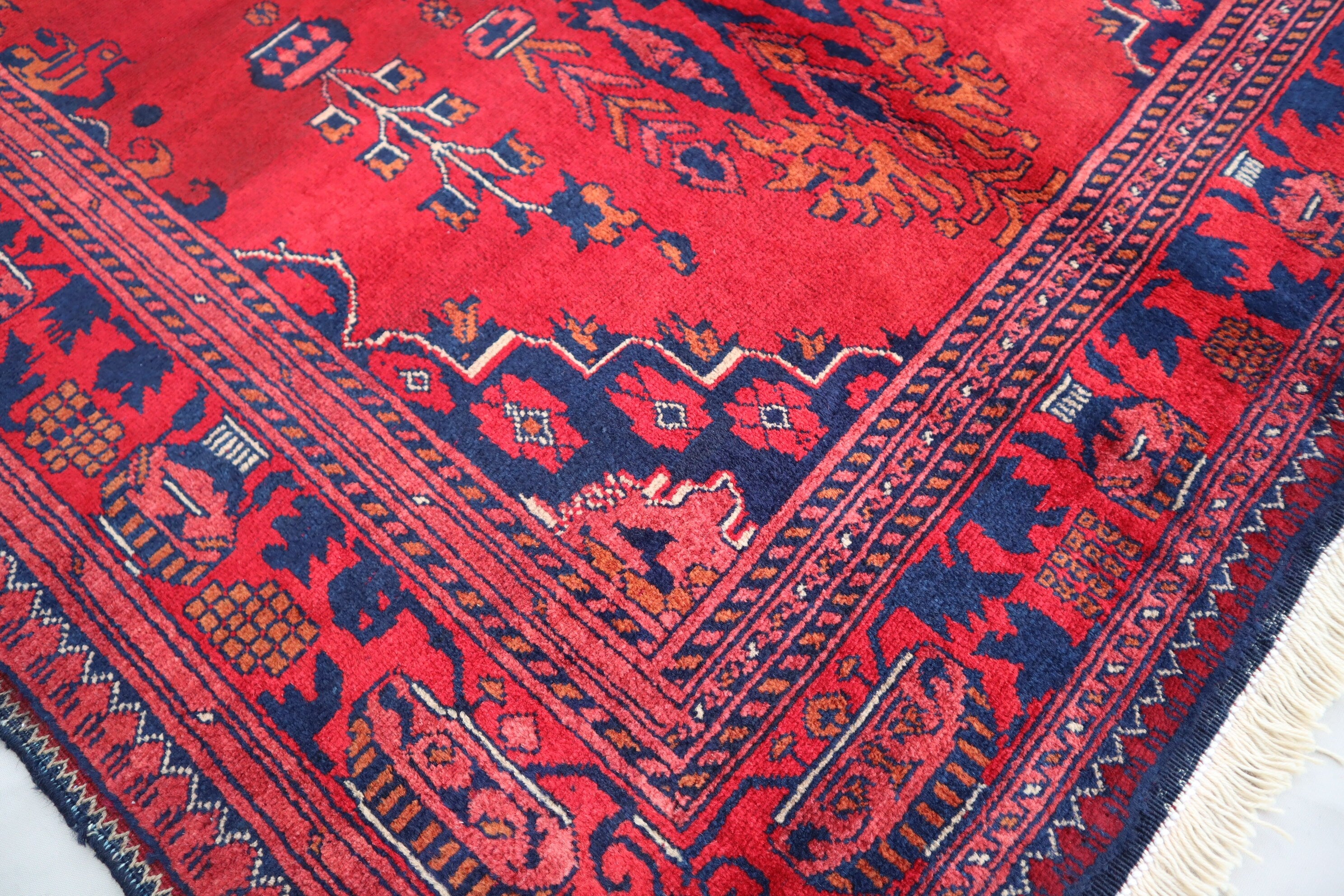 Exquisite 3'4x4'9 Red Belgic Afghan Hand-Knotted Wool Area Rug for Home Decor