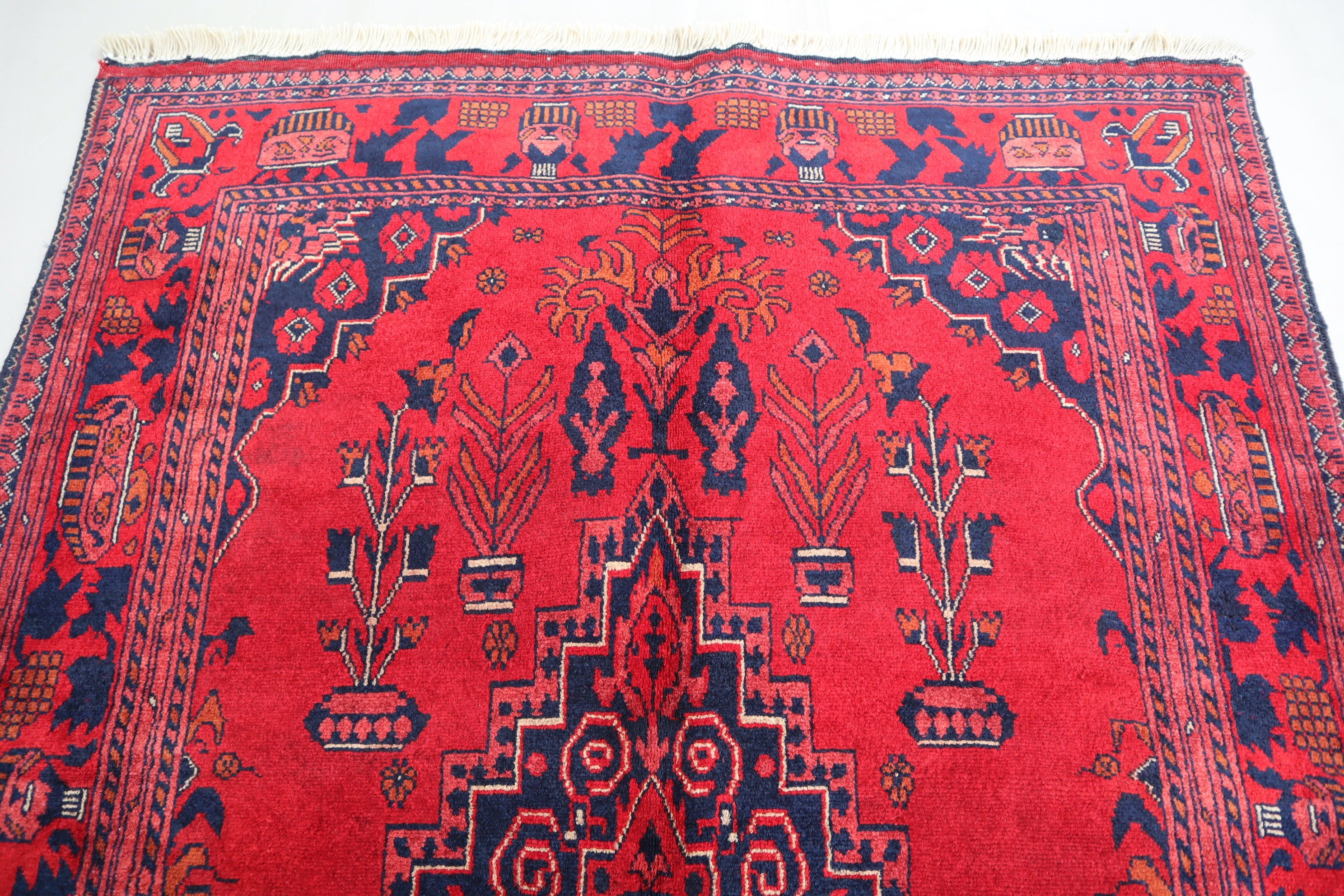 Exquisite 3'4x4'9 Red Belgic Afghan Hand-Knotted Wool Area Rug for Home Decor
