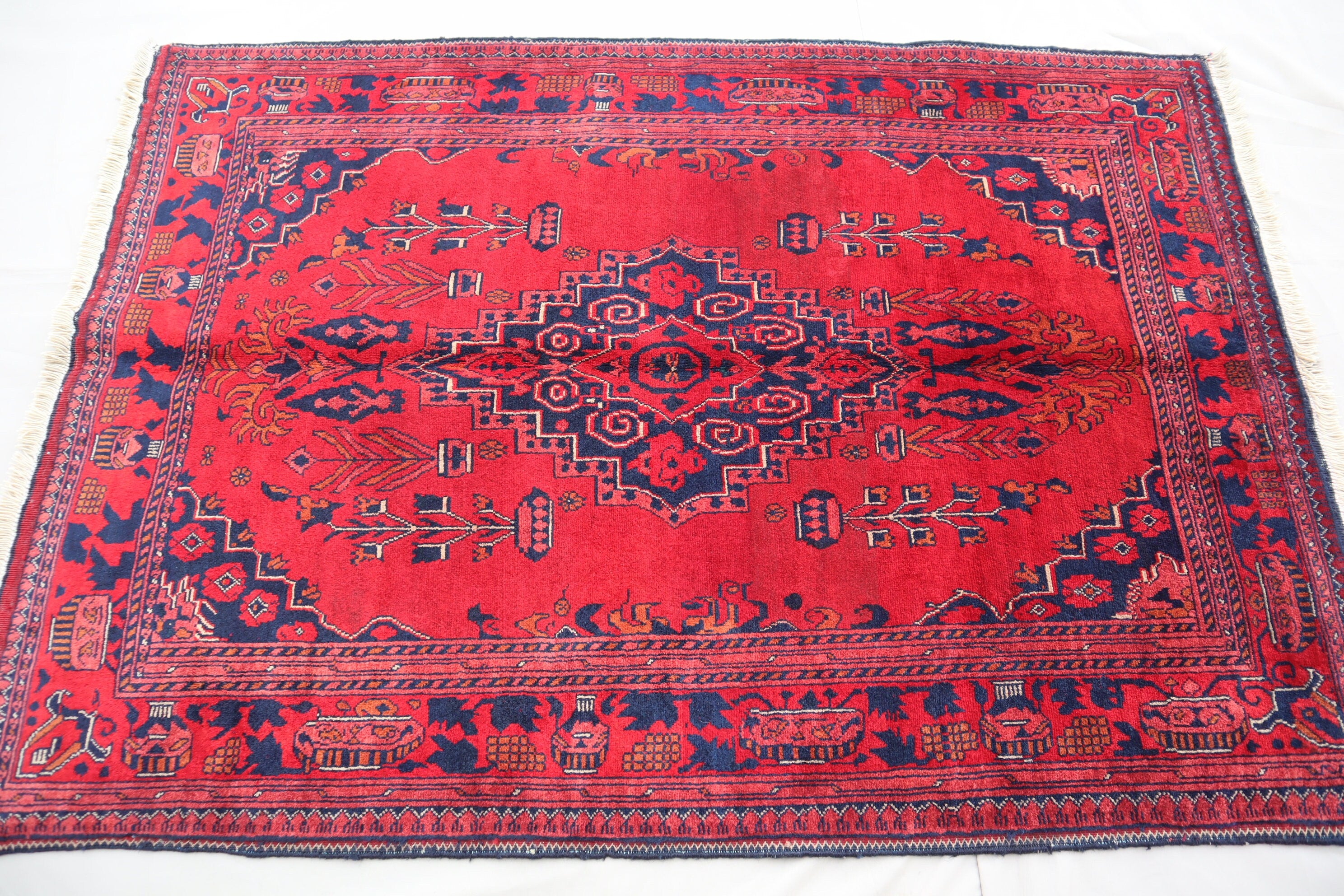 Exquisite 3'4x4'9 Red Belgic Afghan Hand-Knotted Wool Area Rug for Home Decor