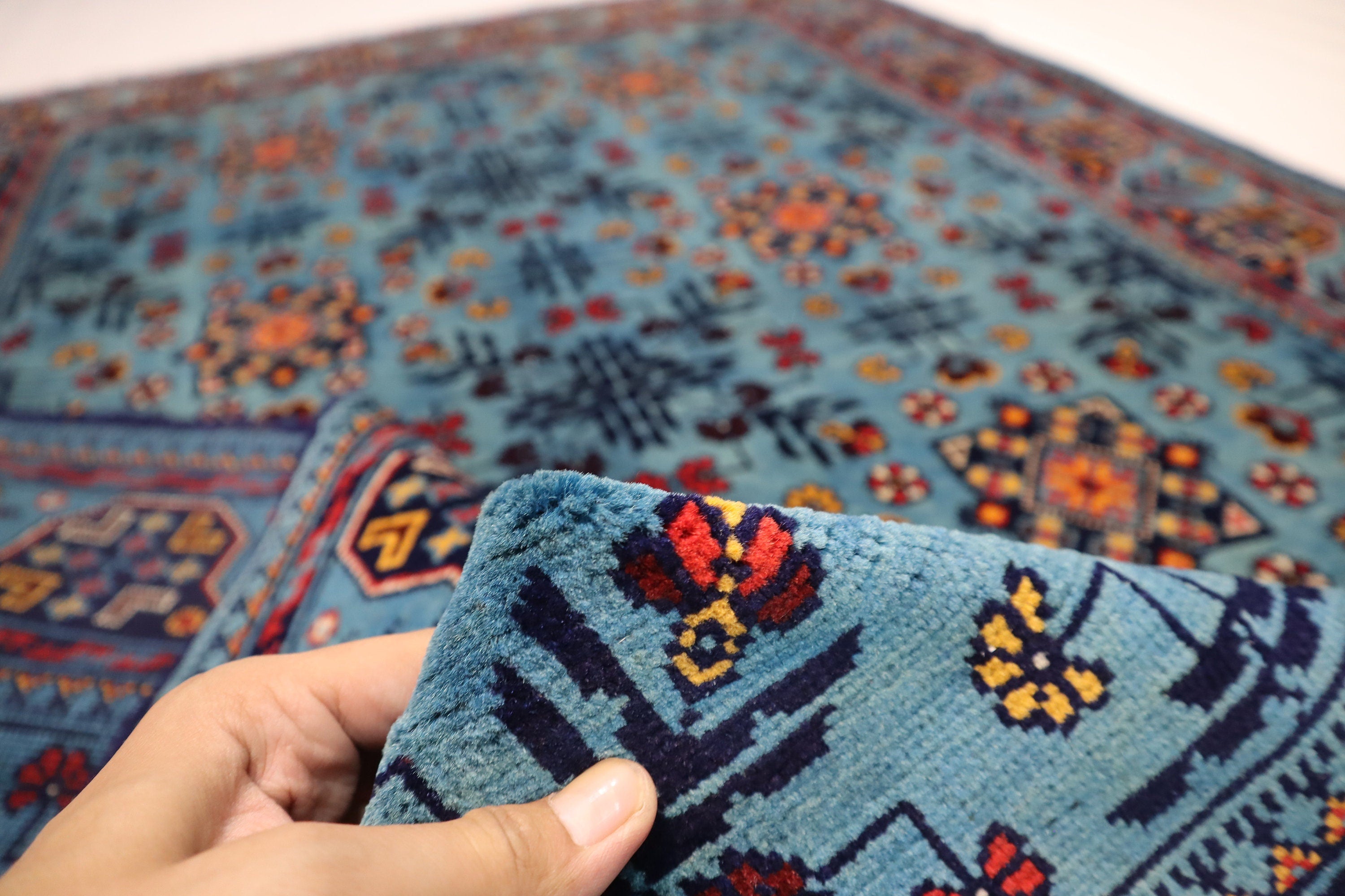 Luxurious 4x6 Blue Turkmen Tribal Bukhara Rug - Handmade Soft Wool Afghan Oriental