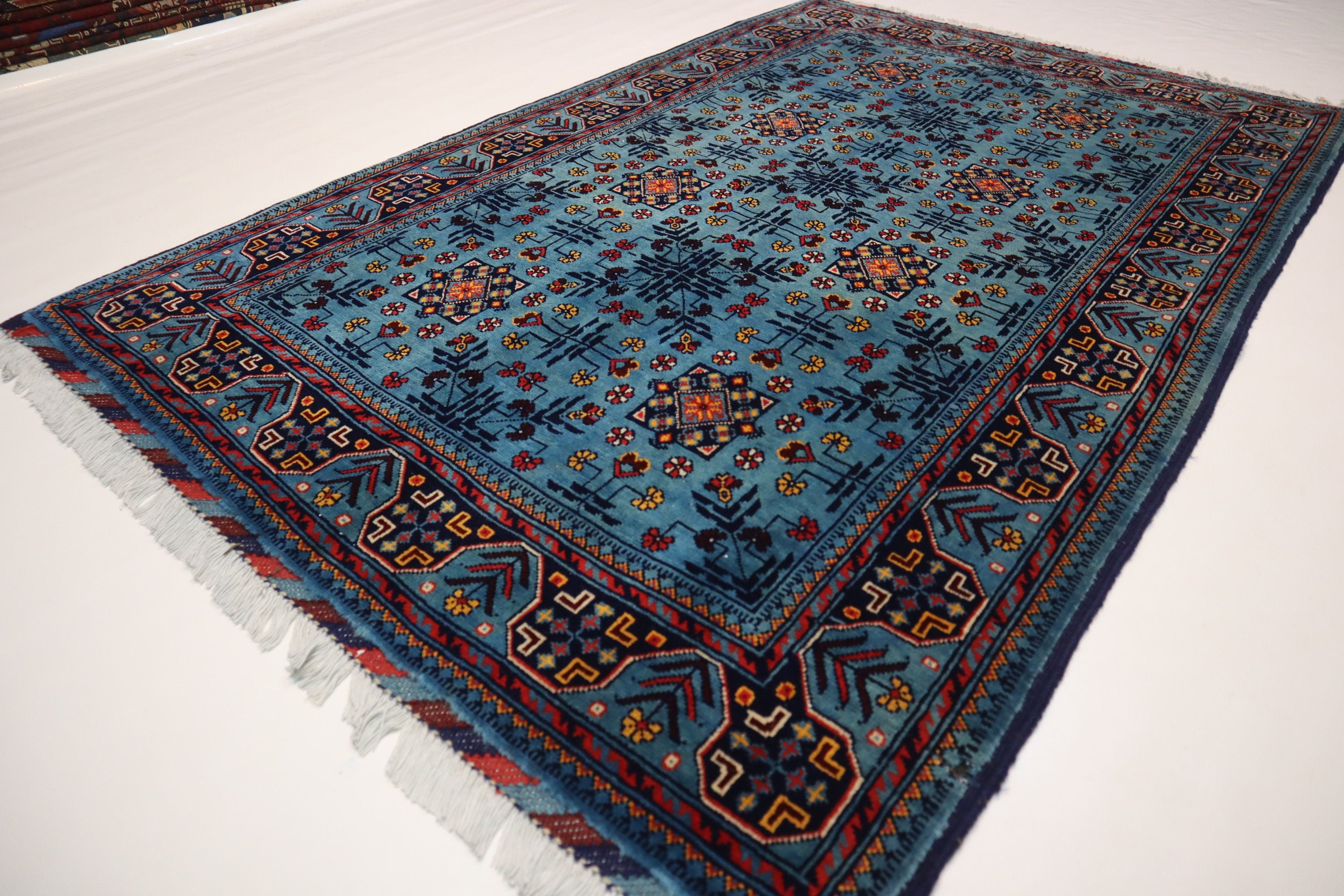 Luxurious 4x6 Blue Turkmen Tribal Bukhara Rug - Handmade Soft Wool Afghan Oriental