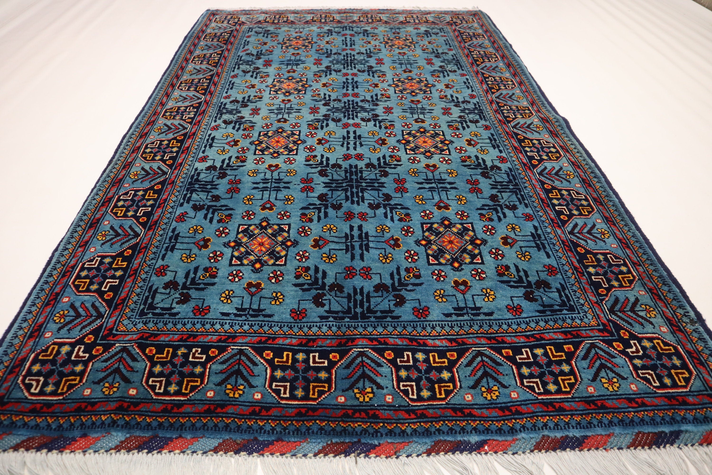 Luxurious 4x6 Blue Turkmen Tribal Bukhara Rug - Handmade Soft Wool Afghan Oriental