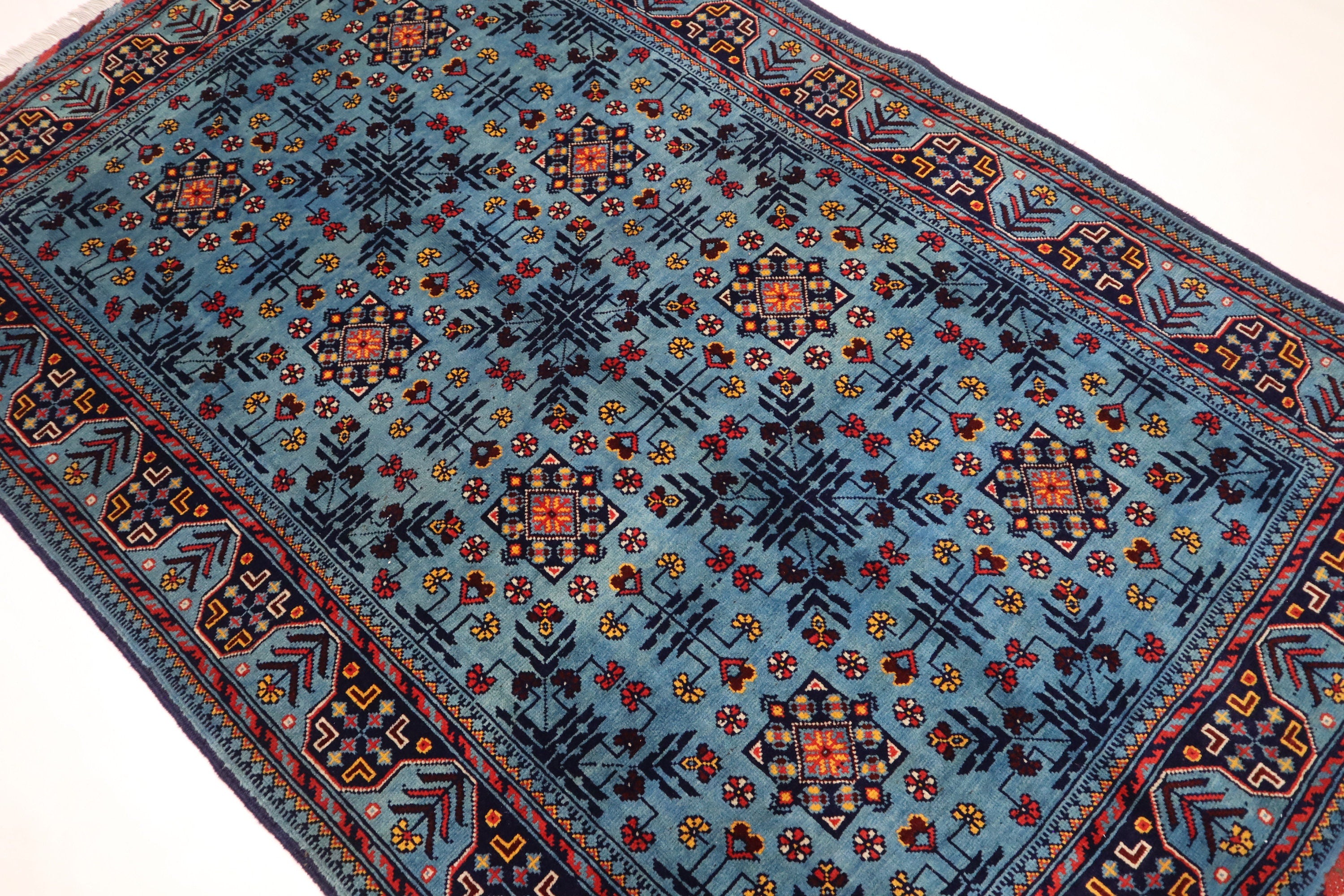 Luxurious 4x6 Blue Turkmen Tribal Bukhara Rug - Handmade Soft Wool Afghan Oriental
