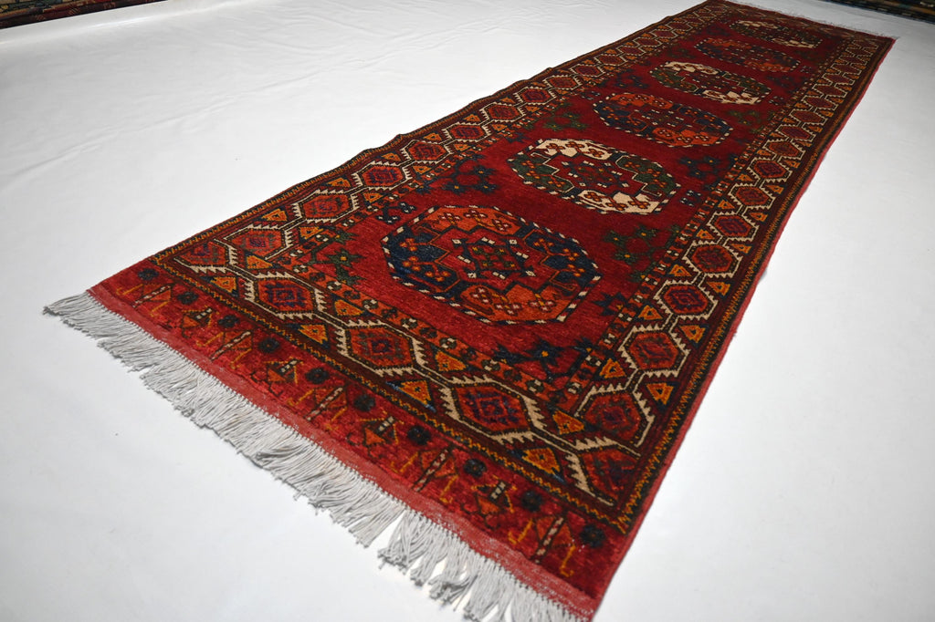 Exquisite 10 Ft Red Tekke Ersari Turkmen Handmade Wool Hallway Runner Rug