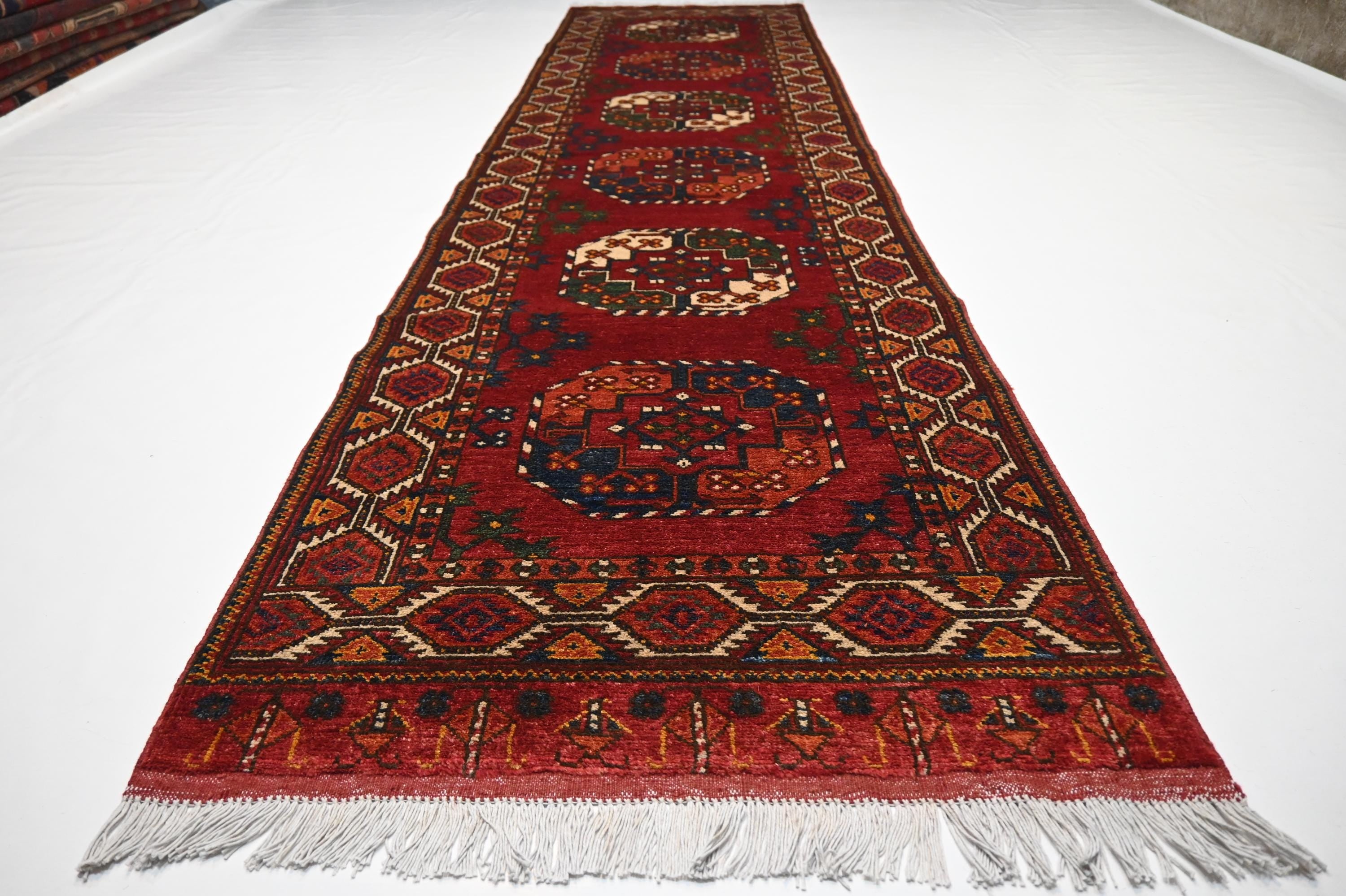 Exquisite 10 Ft Red Tekke Ersari Turkmen Handmade Wool Hallway Runner Rug
