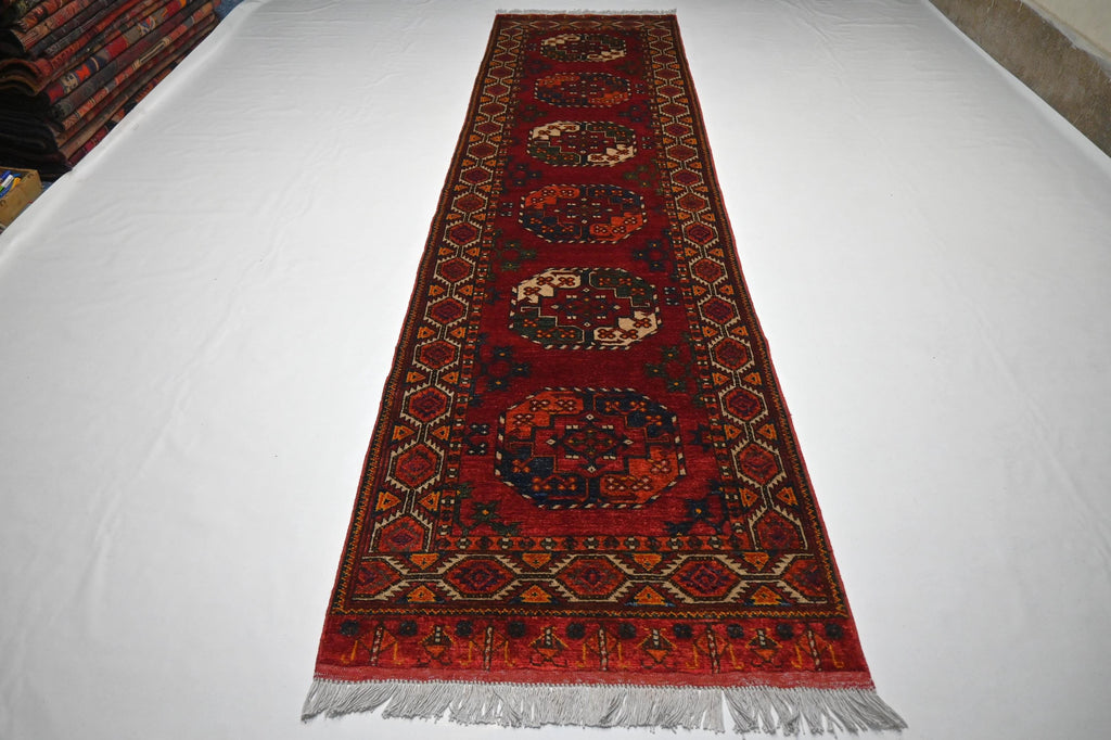 Exquisite 10 Ft Red Tekke Ersari Turkmen Handmade Wool Hallway Runner Rug