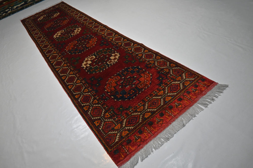 Exquisite 10 Ft Red Tekke Ersari Turkmen Handmade Wool Hallway Runner Rug