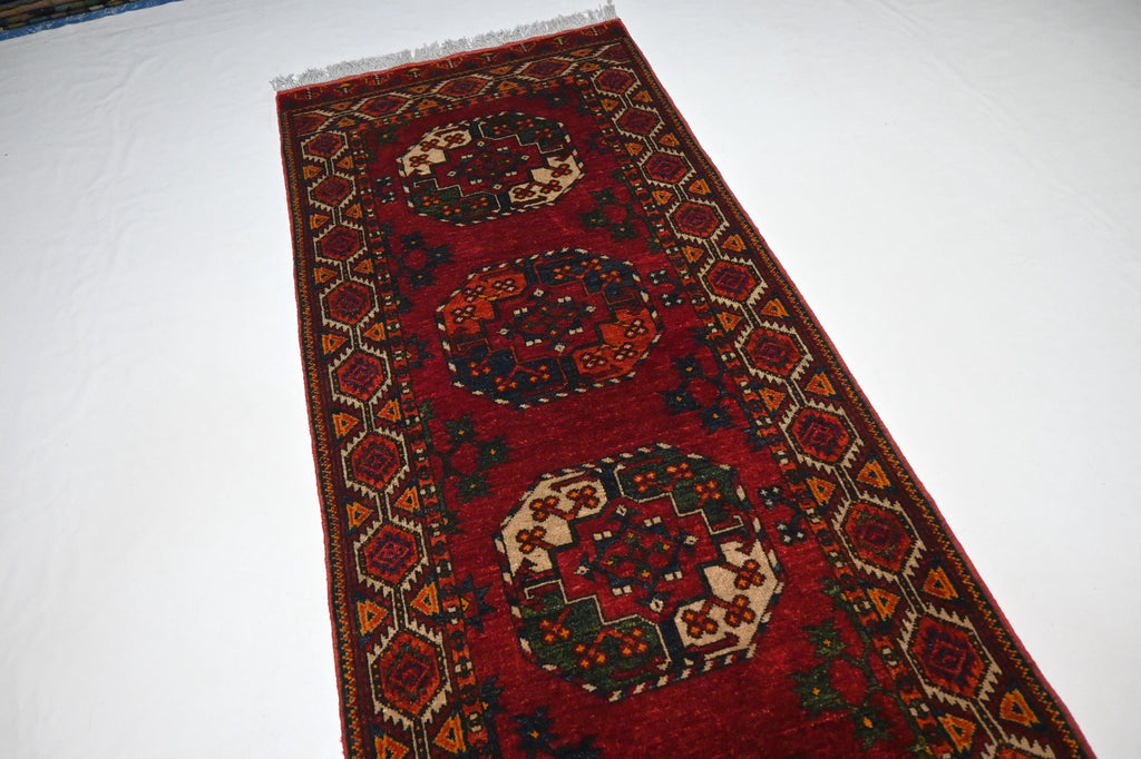 Exquisite 10 Ft Red Tekke Ersari Turkmen Handmade Wool Hallway Runner Rug