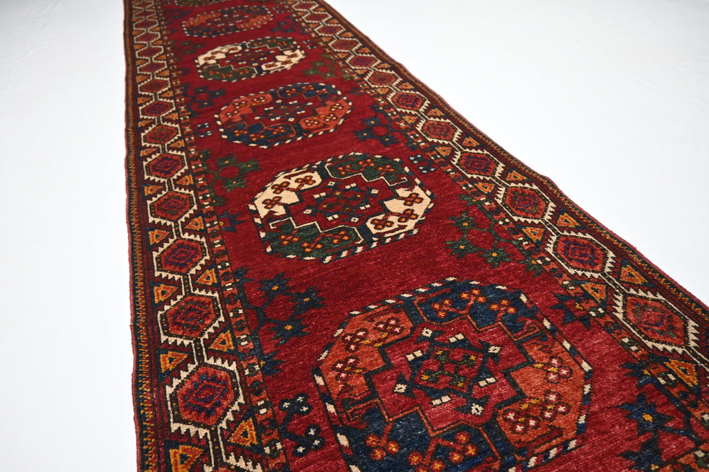 Exquisite 10 Ft Red Tekke Ersari Turkmen Handmade Wool Hallway Runner Rug