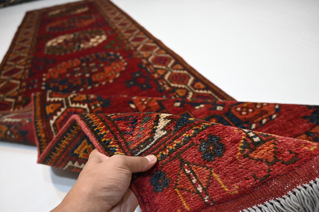 Exquisite 10 Ft Red Tekke Ersari Turkmen Handmade Wool Hallway Runner Rug