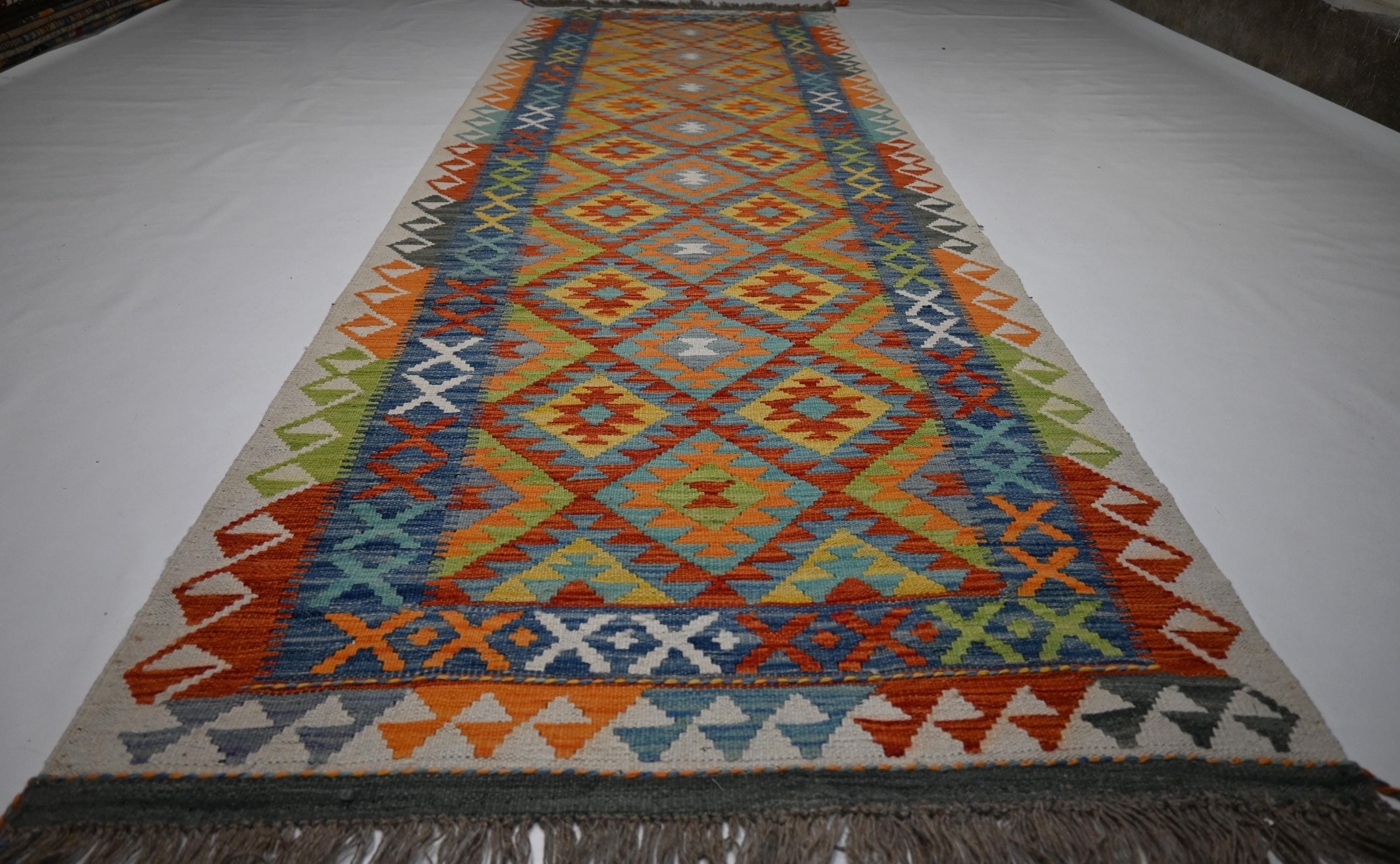 Handmade Afghan Kilim Runner Rug: Geometric Wool Flatweave Hallway Decor