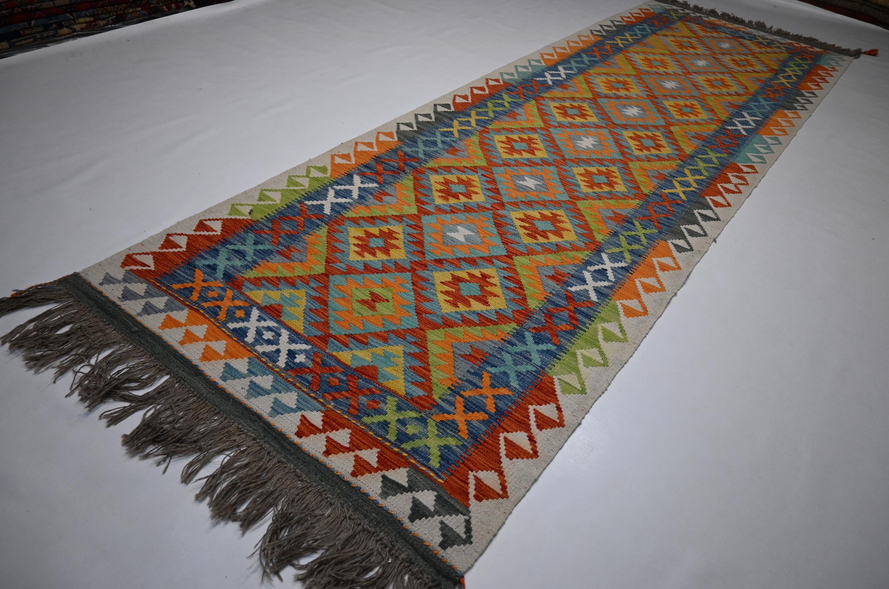 Handmade Afghan Kilim Runner Rug: Geometric Wool Flatweave Hallway Decor